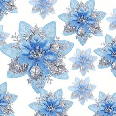 20pcs Glitter Poinsettia Artificial Christmas Flowers With Clips - Sparkling Blue & Pink Floral Garland Ornaments For Holiday Tree Decor, Wedding, And Party Decorations, Christmas Decorations