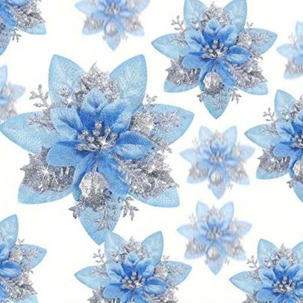 20pcs Glitter Poinsettia Artificial Christmas Flowers With Clips - Sparkling Blue & Pink Floral Garland Ornaments For Holiday Tree Decor, Wedding, And Party Decorations, Christmas Decorations
