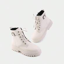 1 双女式羊毛衬里短靴，圆头系带，适合室内外穿着，侧拉链厚底女式摩托车靴 - 米色 - 查看 6