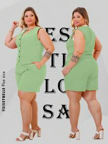 Women's Plus Size Set Luxurious Sensory Vest And Shorts - Mint Green - View 1