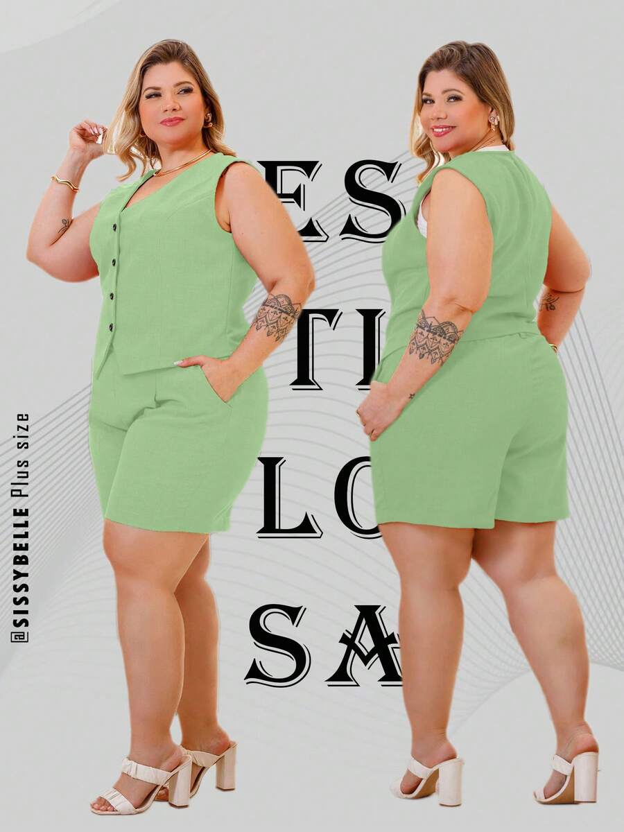 Women's Plus Size Set Luxurious Sensory Vest And Shorts - Mint Green - View 1