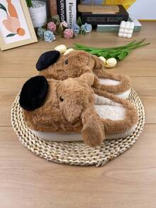 Chinelos de Algodão com Formato de Cachorro Fofo para Mulheres, Forro de Pelúcia Quente de Inverno, Sola Antiderrapante, Chinelos de Quarto