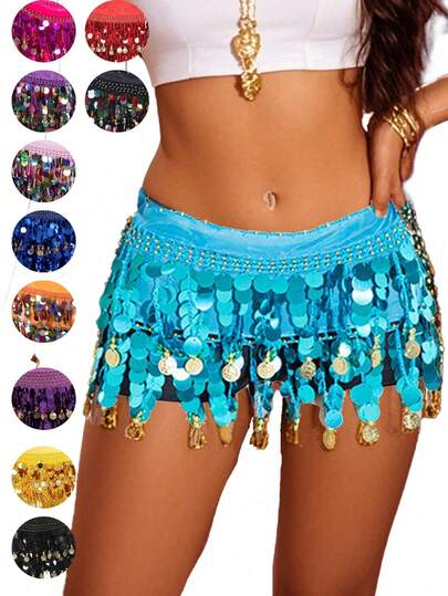 Belly Dance Hip Scarf, Sweet Belly Dance Skirt Wrap Performance Shiny Sequin Coins, Women Belly Dance Costume