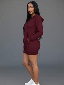 Casual Women's Hooded Dress With Pocket - Drawstring, Long Sleeve, Solid Color, Machine Washable - 酒紅色 - 查看 2
