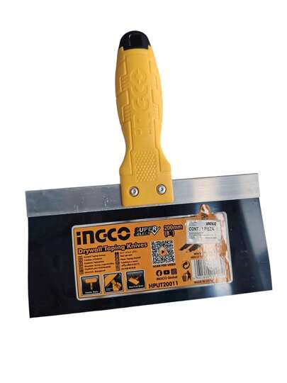 Espátula INGCO de 8"  diseñada para trabajos de construcción, remodelación y bricolaje. Su hoja flexible y resistente permite aplicar, extender o alisar materiales con precisión. Mango ergonómico que brinda comodidad y control durante el uso. Fabricada con materiales duraderos que aseguran larga vida útil. Herramienta esencial para profesionales y aficionados que buscan calidad, precisión y eficiencia en cada proyecto.