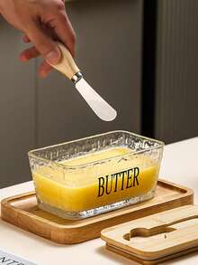 1pc Glass Butter Dish With Lid And Spreader, Household Cheese Container - Multicolor - View 5