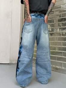 1pc Men's Handpainted Graphic Wide Leg Jeans, Streetwear Casual Loose Fit Washed Denim Pants (No Belt Or Accessories) - Blue - View 4