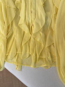 GMFP 女士秋季宽松时尚 V 领优雅纯色层叠荷叶边长袖黄色派对衬衫，新年/情人节 - 黃色 - 查看 8