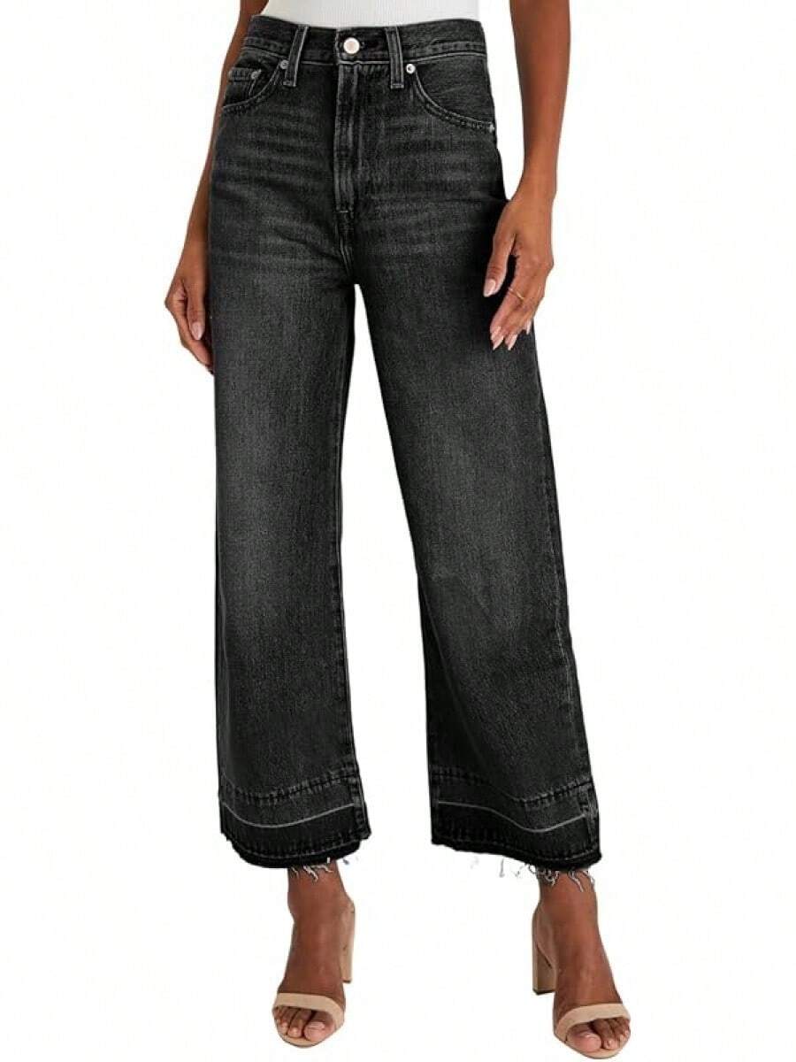Wide Leg Jeans Straight Leg Jeans Denim Pants Zimbaplatinumhalloween - Cropped Black - View 1