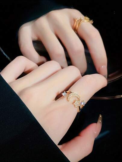 1pc Elegant Luxury Cubic Zirconia Moon & Star Open Ring