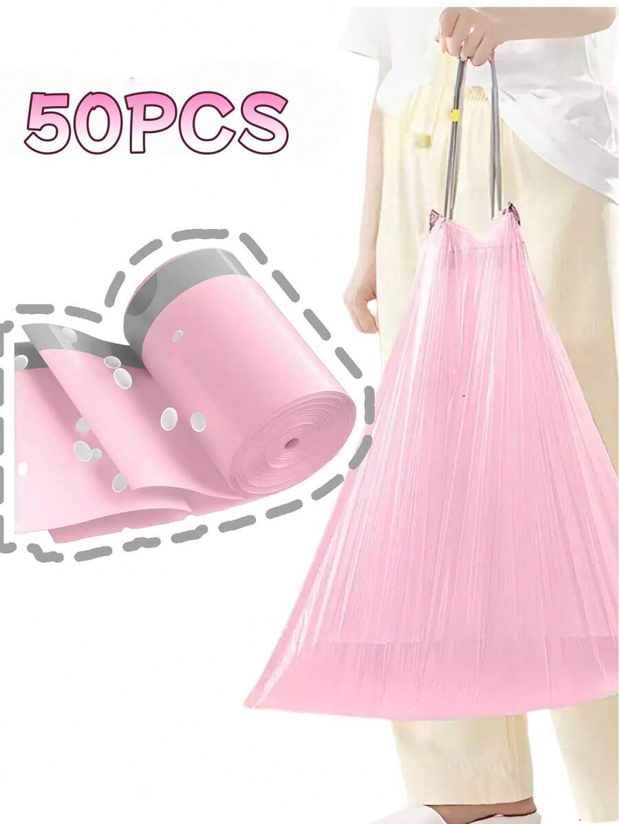 1Roll(50pcs) Drawstring Trash Bags, Pink Garbage Bags 13 Gallon,50 Pack Pink Garbage Bags, Heavy-Duty Leak And Tear Resistant, Quick-Tie Closure For Easy Use, Thickened Plastic For Kitchen, Bathroom, Office, Car, Travel, Camping, Garage, Small Bin Liners - 粉色 - 查看 1