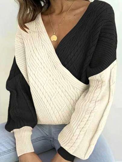 Plus Size Women's Pullover Knit Sweater, Black & White Color Block, Fashion Versatile Elegant V-Neck Cable Knit Plus Size Long Sleeve Sweater