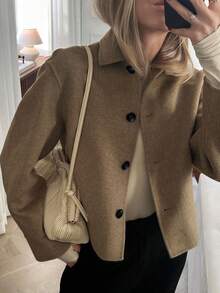 Women's Single-Breasted Lapel Short Overcoat, Suitable For Autumn/Winter - Khaki - View 4
