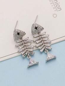 1 对优雅的鱼骨吊坠耳环，创意动物设计，适合日常佩戴或派对，派对配饰，闪亮耳环，奇特耳环 - 銀色2 - 查看 2