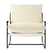 Accent Chair, Metal Framed Chair With Wooden Armrests, Modern Cozy Upholstered Armchair, With Soft Foam Cushioning, Detachable Cushion, For Living Room, Bedroom, Reading Room, Office, Beige - 米色 - 查看 8