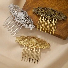 1 Simple Retro Zinc Alloy Hollow Palace Flower Hair Comb For Women Daily Hair Styling Gift - 銀色 - 查看 1
