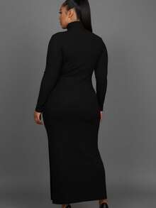 Elegant Plus Size Black Rib Knit Maxi Dress With High Neck And Long Sleeves, Fitted Style With Slit Hem For Party - Black - View 3