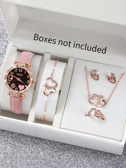 6-Piece Set: 1 Women's PU Leather Quartz Watch, And 5 Heart-Shaped Jewelry Accessories Including A Ring, Necklace, Bracelet, And Earrings, Suitable As A Valentine's Day Gift, Christmas Gift, Graduation Gift, Or For School Use.