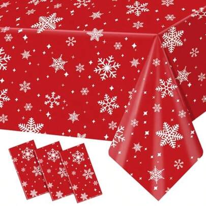 3Pack Christmas Plastic Party Tablecloth For Rectangle Tables Christmas Disposable Table Cloth Decoration Red Snowflake Xmas Tablecloths For Winter New Year Holiday Supplies 54x108in