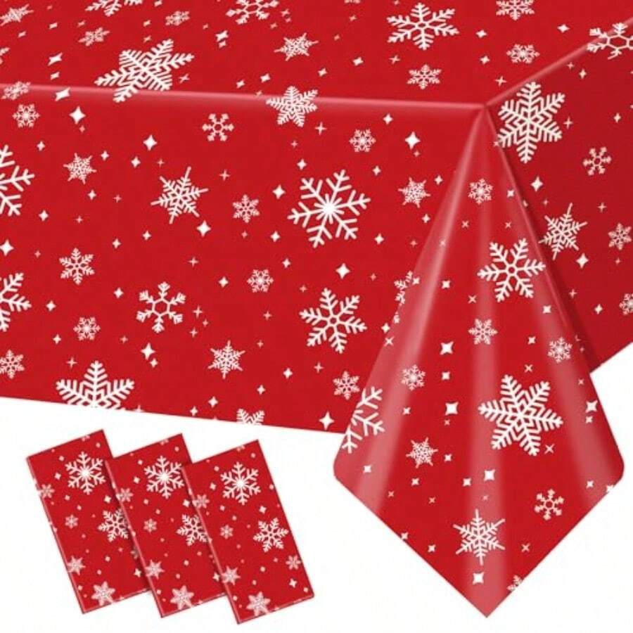 3Pack Christmas Plastic Party Tablecloth For Rectangle Tables Christmas Disposable Table Cloth Decoration Red Snowflake Xmas Tablecloths For Winter New Year Holiday Supplies 54x108in