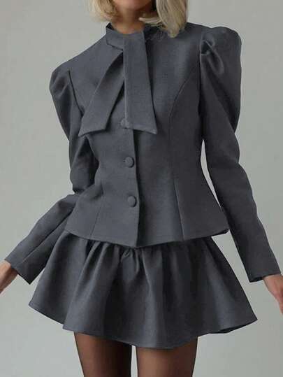 女士优雅两件套，修身长袖衬衫搭配高腰迷你裙，纯色，时尚优雅，春夏款