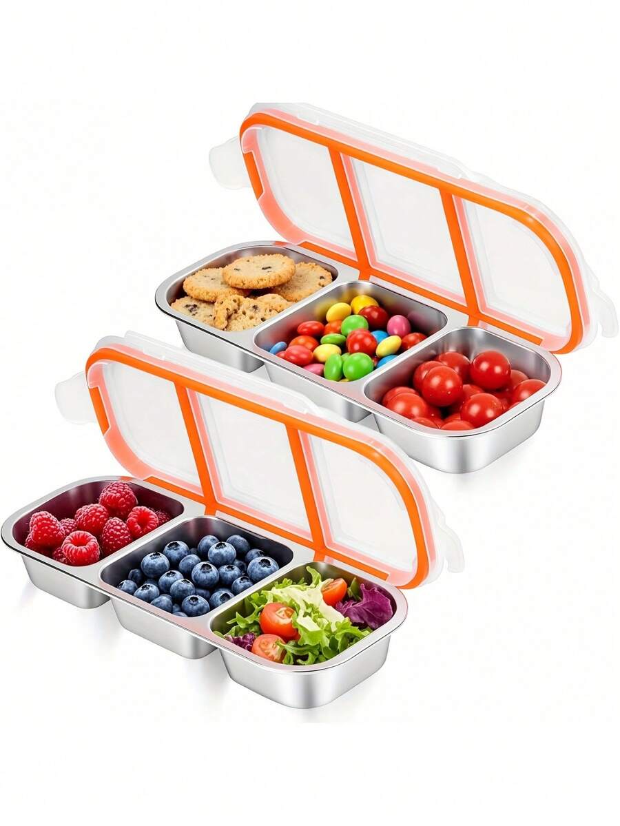 Edelstahl Snackbox mit Deckel, wiederverwendbar, 3/2 Fach Lebensmittelaufbewahrungsbox, Picknick Lunchbox, auslaufsichere Lunchbox, mikrowellen-, ofen-, kühlschrankgeeignet und spülmaschinenfest, geeignet für Schule, Reisen und Essengehen