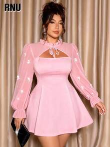 RNU Plus Size Women's Elegant High-Stretch Solid Color Fabric, Chiffon Sleeve Panels, Bow Tie Neckline, 3D Pearl Decor, Women's Plus Size New Autumn/Winter Outfit, Suitable For Concerts, Fashionable Versatile Outerwear For Parties, Gatherings, Dates, Christmas, New Year, Wedding Guest Attire, A-Line Silhouette, Fashionable Long Sleeve Dress - Pink - View 3