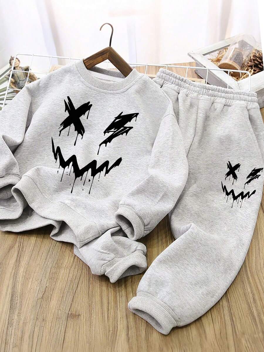 2pcs Set Boy Individuality - Element Sweatshirt Set, Soft Fabric, Spring & Autumn Streetwear & Sports Exercise Style - Grey - View 1