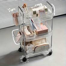3/4-Tier Acrylic Multi-Use Rolling Cart, Modern Clear Design With Alloy Handle & 360° Wheels + Hanging Storage, Portable Organizer For Dorm/Bar/Kitchen – Perfect For New Year Refresh - 透明色三層結構 + 四個懸掛式花籃 - 查看 12