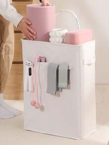 大容量布艺健身器材收纳盒：瑜伽垫收纳袋，带口袋，可折叠健身装备收纳袋，适用于阻力带、水瓶、网球拍和瑜伽砖 - 耐用可折叠运动收纳盒，是家庭健身房/卧室/衣柜的理想之选，中性时尚帆布材质，易于清洁。 - 白色 - 查看 1