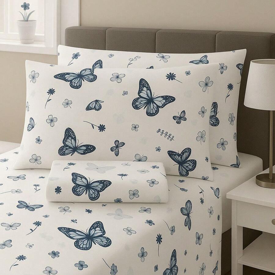 Jogo de Lençol QUEEN com Elástico 3 Peças 100% Algodão Estampado, Fronha com Ponta Palito - (Roupa de Cama Fabricação Própria) - Borboleta Azul - Visão 1
