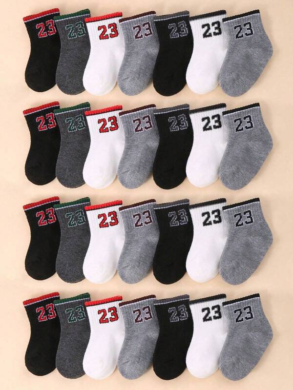 14 Pairs Baby Letter 23 Stripe Sports Socks, 7 Pairs Of Baby Solid Color Stretch Socks, Unisex Toddler All Seasons Breathable Casual Socks, Baby Socks, Newborn Toddler Socks, Baby Shower Decoration Halloween Christmas Xmas Gift