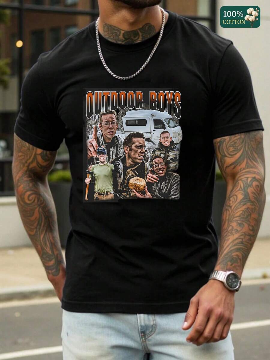 Men's Vintage Outdoor Boys Collage Graphic T-Shirt, Retro 90s-Inspired Printed Tee With , Van & Food Art,  Soft Cotton Casual Shirt For Daily Wear, Gift For Men Who Love Adventure, Perfect For Weekend Hangouts & All-Day Comfort - 黑色 - 查看 1