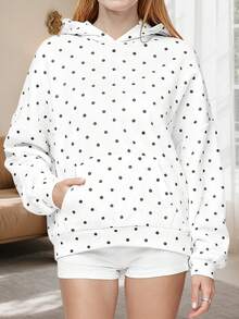 Women Casual Fall Hooded Sweatshirt With Front Pocket Dot Print Casual Long Sleeve Pullover Hoodies Outwear - 白色 - 查看 2