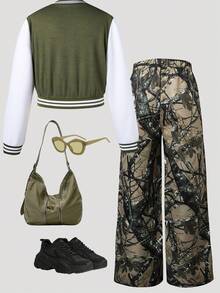 2pcs/Set Tween GirlsWaffle Bomber Jacket And Tree Branch Print Straight Leg Pants, Autumn/Winter