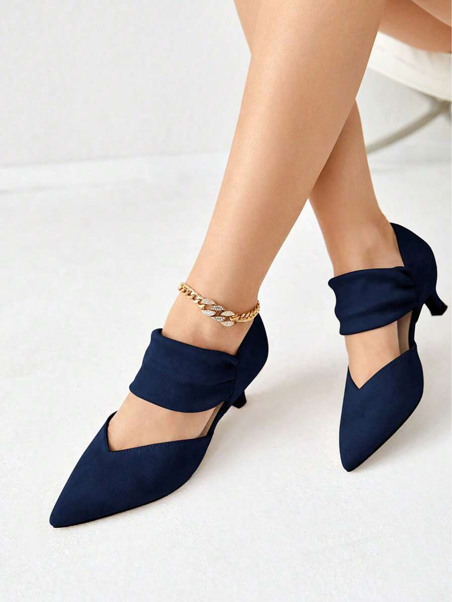Womens Low Kitten Heel Dress Shoes Pointed Toe  On Ankle Strap Cutout Elegant Party Wedding Pumps - 藏蓝色 - 查看 1