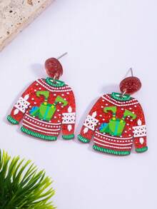 1 Pair Festive & Cheerful Christmas Series Cute Cartoon Print Cozy Christmas Sweater Earrings - Christmas Sweater 2 - View 3