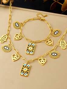 1 Gold-Plated Stainless Steel Diamond Inlaid Transparent Five Petal Flower Pendant, Square Three-Dimensional Star Shaped Accessory Chain, Stainless Steel Necklace Bracelet Set - Flowers - View 13
