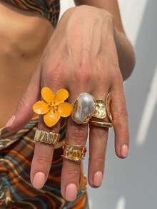 6 Stücke/Set Flüssige Lava Blumen Offener Ring Set, Barock Kunstperle Eingelegt (Für den täglichen Gebrauch von Frauen)