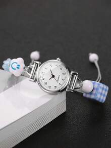 1pc Women's Gift Watch With Beaded Drawstring Band, Fashion Minimalist Dial, Elegant Quartz Wristwatch (1pc/Set), Watch Box Not Included - Silver - View 5