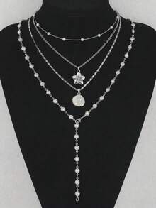 4pcs Vintage Bohemian Style Metal Shell & Faux Pearl Flower Pendant Tassel Necklace Set, Y-Shaped Chain, Suitable For Daily Wear And Beach Vacation, Women Jewelry - Yellow Gold - View 5