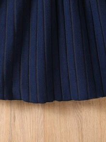 Váy len cho bé gái 4-7 tuổi, cổ đứng đặc biệt có viền xếp nếp, tay dài trang trí hoa, váy thời trang phù hợp cho các hoạt động ngoài trời mùa xuân/thu và mặc hàng ngày - Màu xanh hải quân - Xem 7