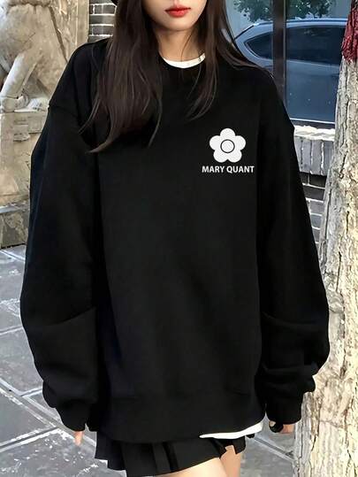 「秋コレクション 女性用 ブルックリンヒート柄レタリング360gコットン感ゆったり丸首肩落ちロングスリーブスウェットシャツ デイリー・旅行・外出に適したダウンタウンカジュアル」​