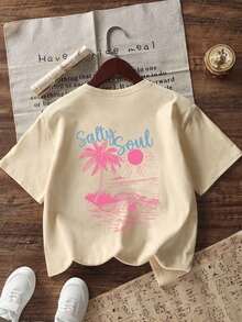 Teen Girls Tropical Print Round Neck T-Shirt, Summer Tops