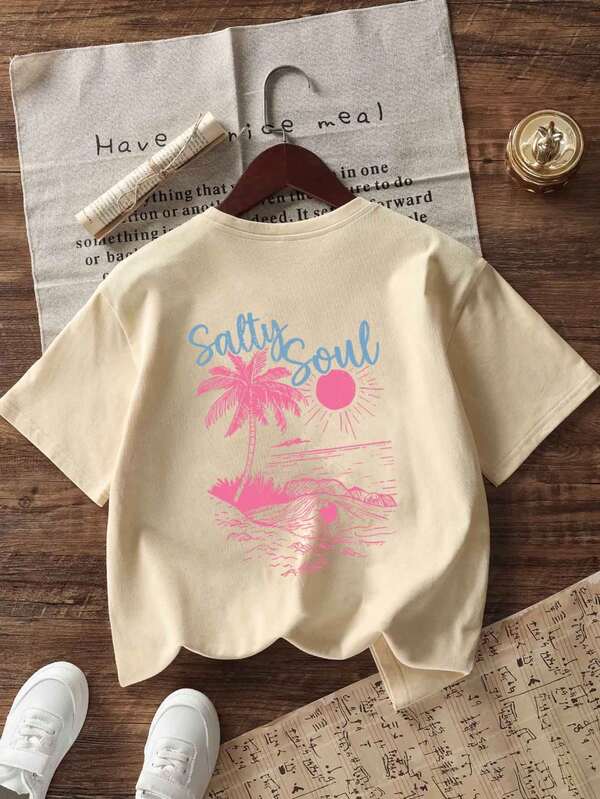 Teen Girls Tropical Print Round Neck T-Shirt, Summer Tops