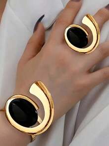 1set Exaggerated Metal Encrusted Faux Pearl Half Circle Women Bracelet Ring Jewelry Mini Accessory Set Holiday Gift For Women Girls V6MK - 黑色 - 查看 6