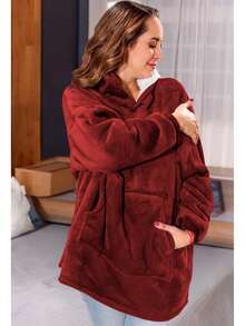 Sudadera Hoodie Manta de Mujer Con Capucha y Forro Afelpado angas con Bolsillos, Cálida y Acogedora Manta para Adultos, Talla única Sudadera con Longitud Extra, Gigante Bolsillo, Multifuncional, Manta Bata Sudadera Cobija Hoodie Con Capucha Afelpada Calientita Suave - Rojo - Ver 2