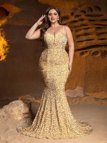 大码女士亮片吊带美人鱼晚礼服，适合正式晚宴、黑领结活动、婚礼招待会、慈善晚会等场合。 - 香檳色 - 查看 1