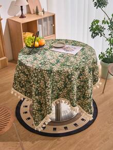 1pc Green Floral Jacquard Tablecloth, American Vintage Farmhouse Style With Tassels, Suitable For Kitchen, Dining Table, Coffee Table, TV Stand, Entryway, Perfect For Daily Use, Holidays, Family Gatherings, Birthday Parties, Weddings, All Seasons - Green - View 10