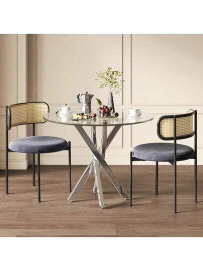 Dining Tafel Set (Including Chairs), 80*80*75 Tempered Glass Top, Moderne Table, Galvanized Legs, Coffee Grijs Chairs, Zilver Legs view 3